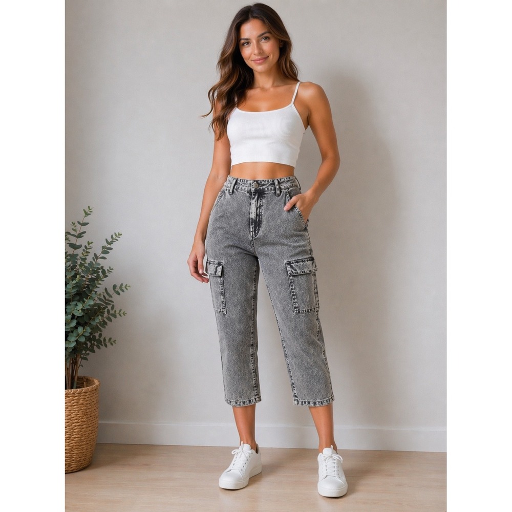 Haikure Pure Noam Cargo Pants Grey Marble Acid Wash Denim Made in Italy Size 33